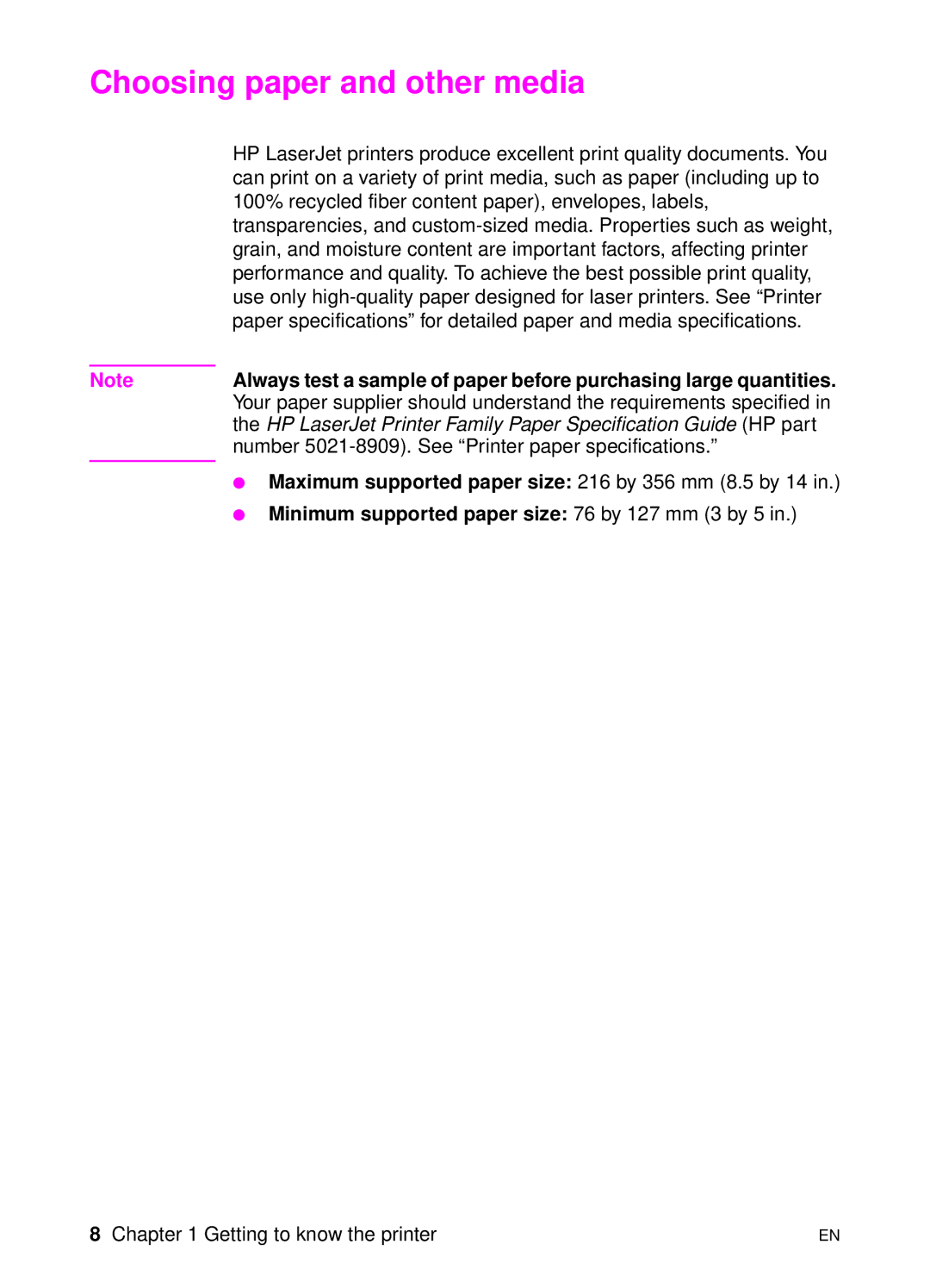 HP 1100 manual Choosing paper and other media, Maximum supported paper size 216 by 356 mm 8.5 by 14 