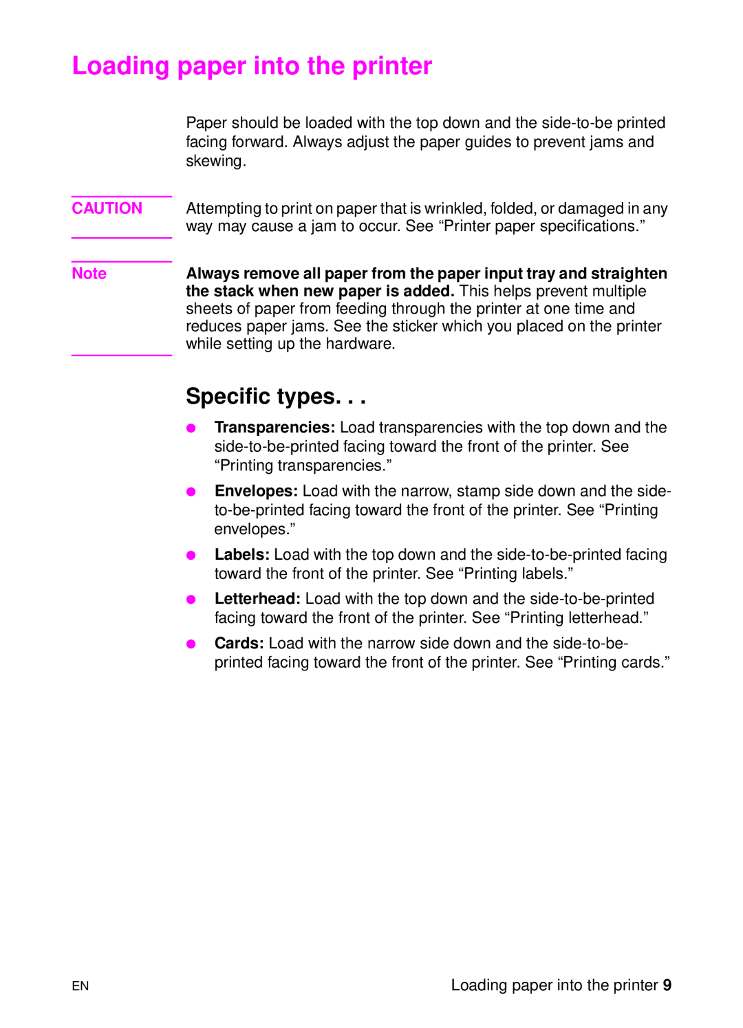 HP 1100 manual Loading paper into the printer, Specific types 