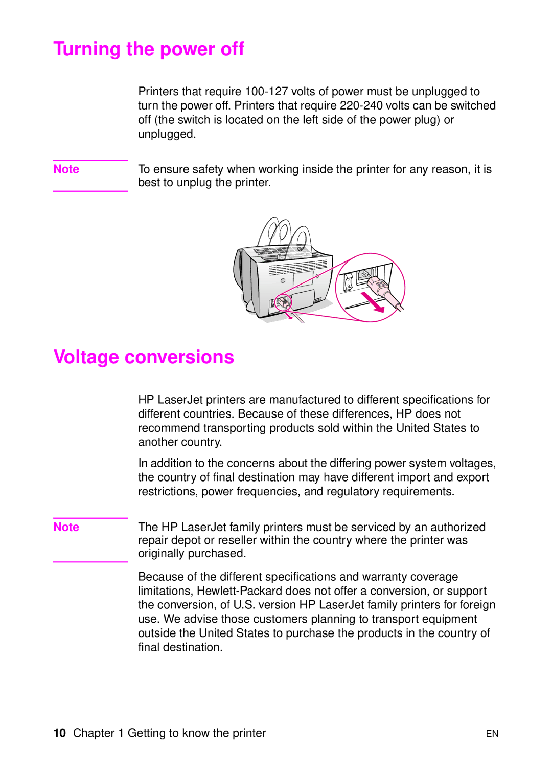 HP 1100 manual Turning the power off, Voltage conversions 