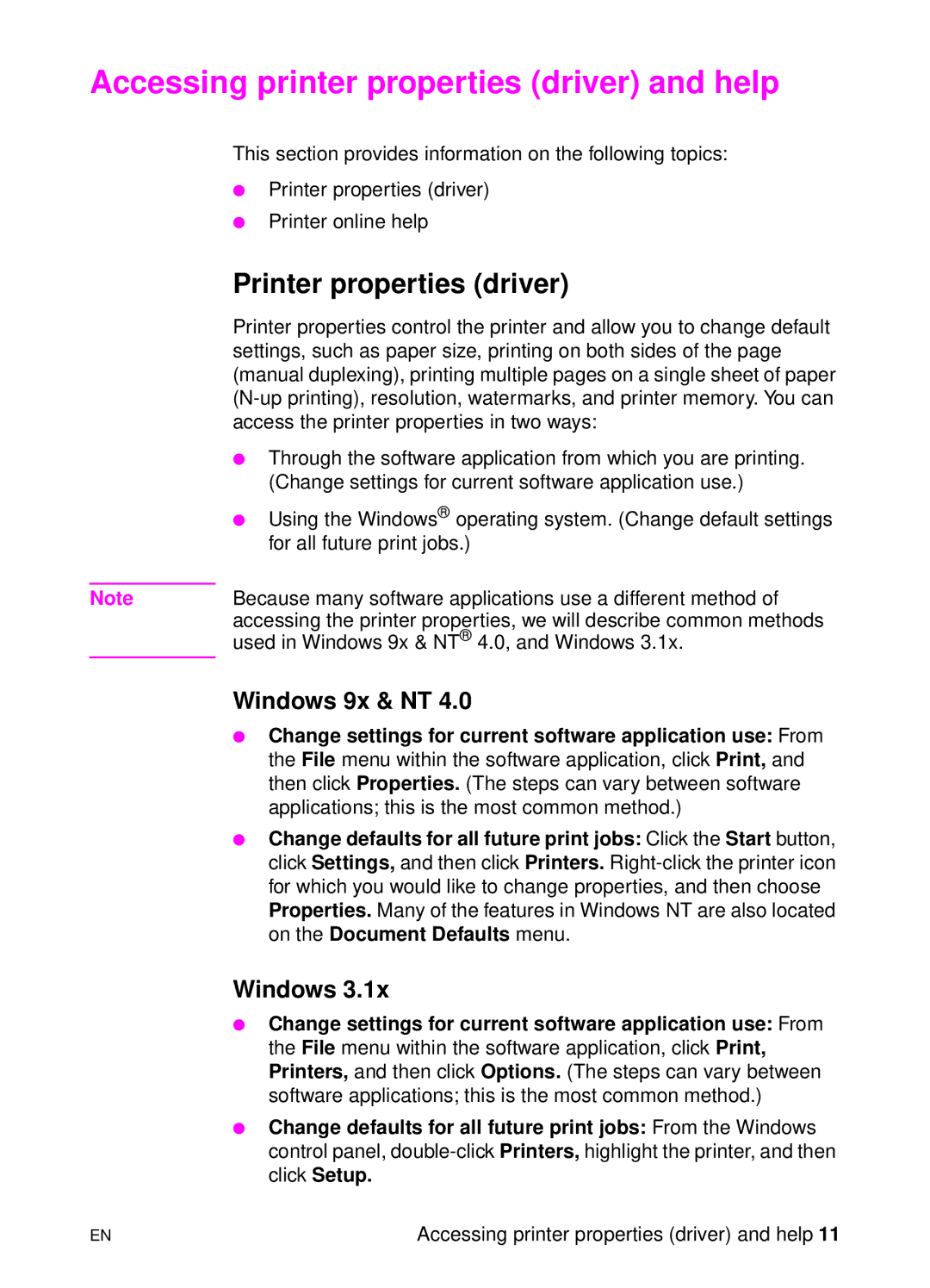 HP 1100 manual Accessing printer properties driver and help, Printer properties driver, Windows 9x & NT 