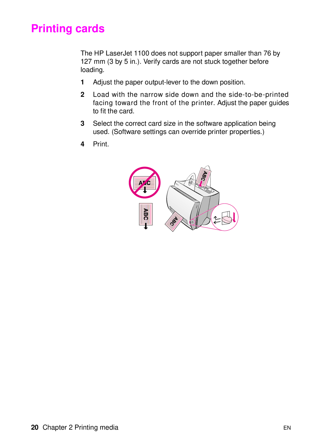 HP 1100 manual Printing cards 