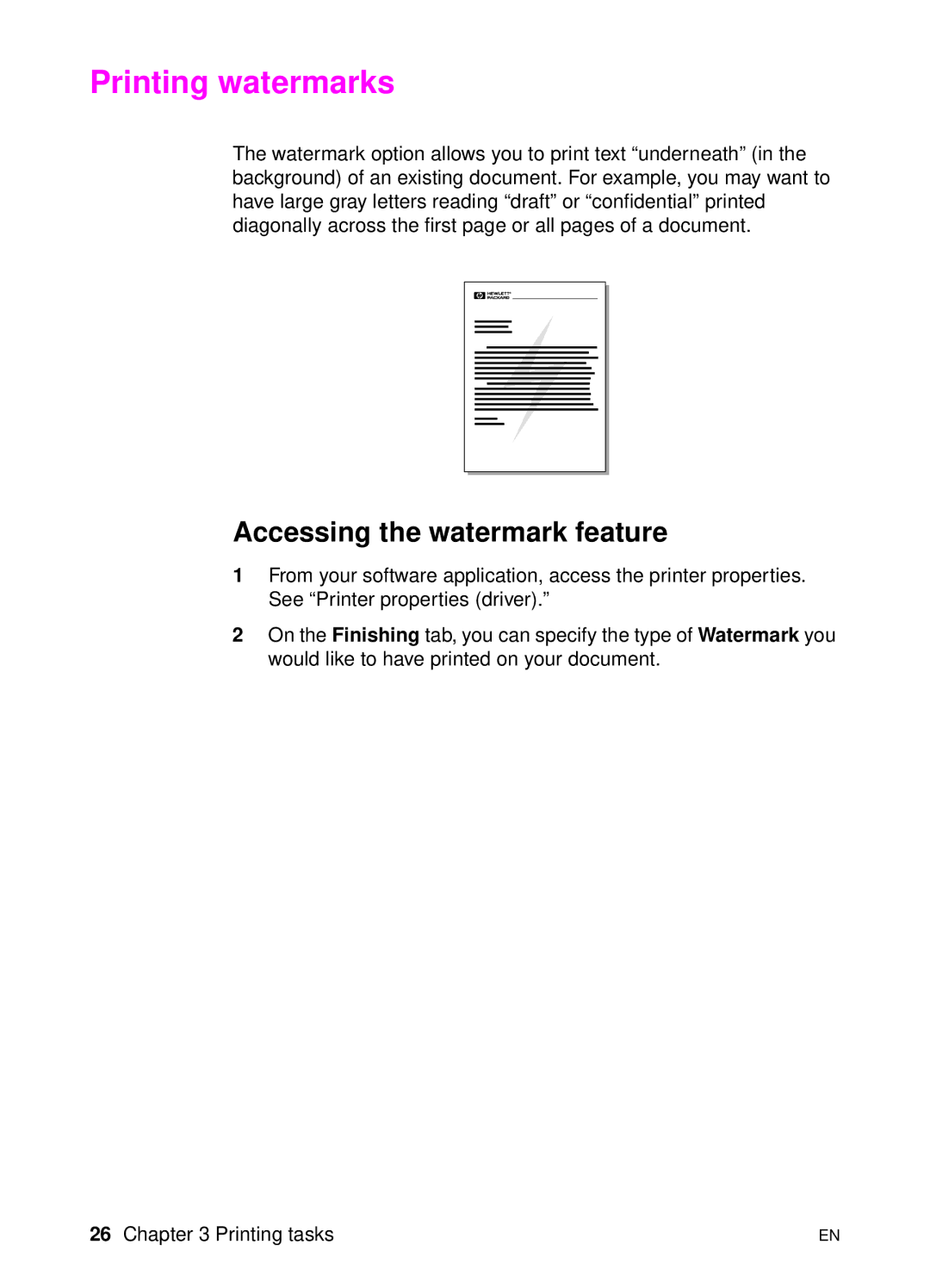 HP 1100 manual Printing watermarks, Accessing the watermark feature 