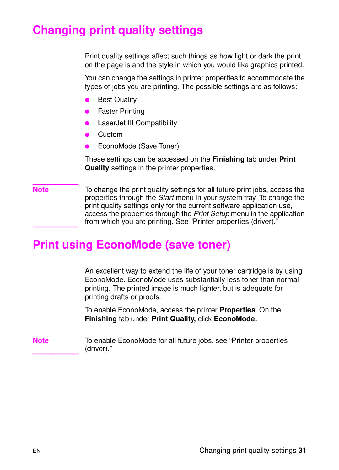 HP 1100 manual Changing print quality settings, Print using EconoMode save toner 