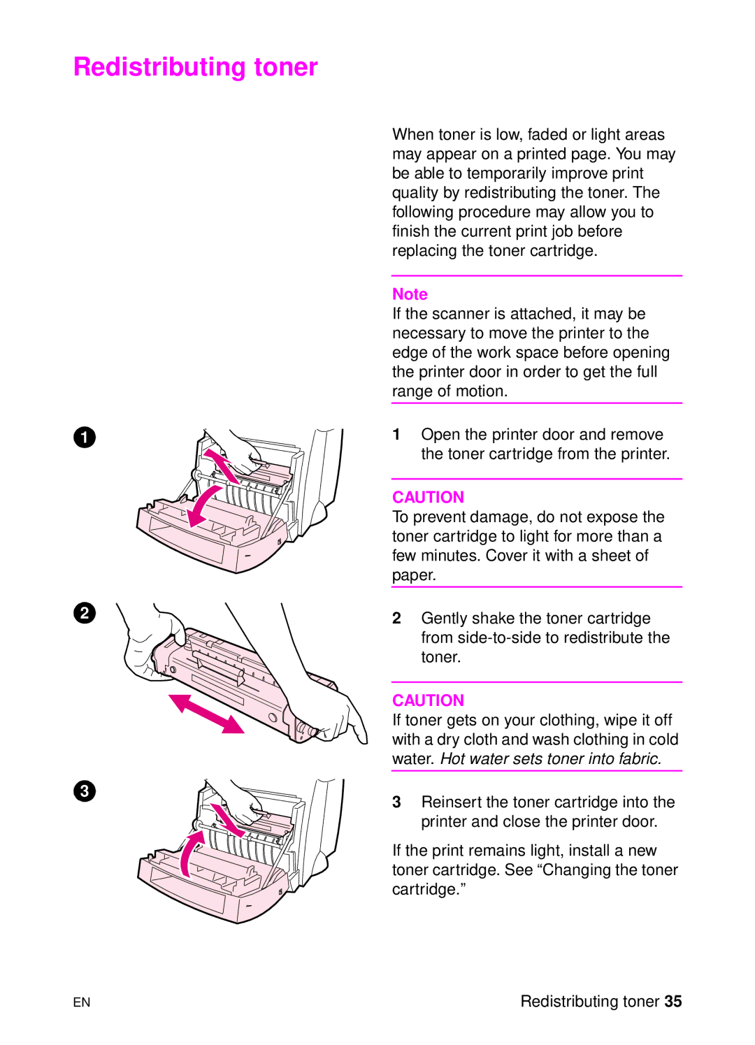 HP 1100 manual Redistributing toner 