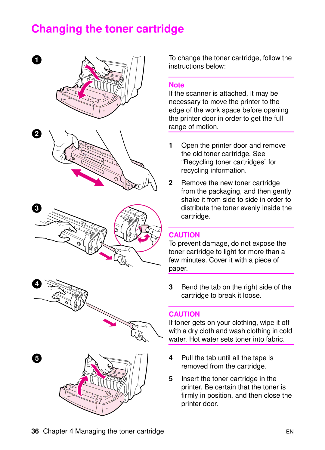 HP 1100 manual Changing the toner cartridge 