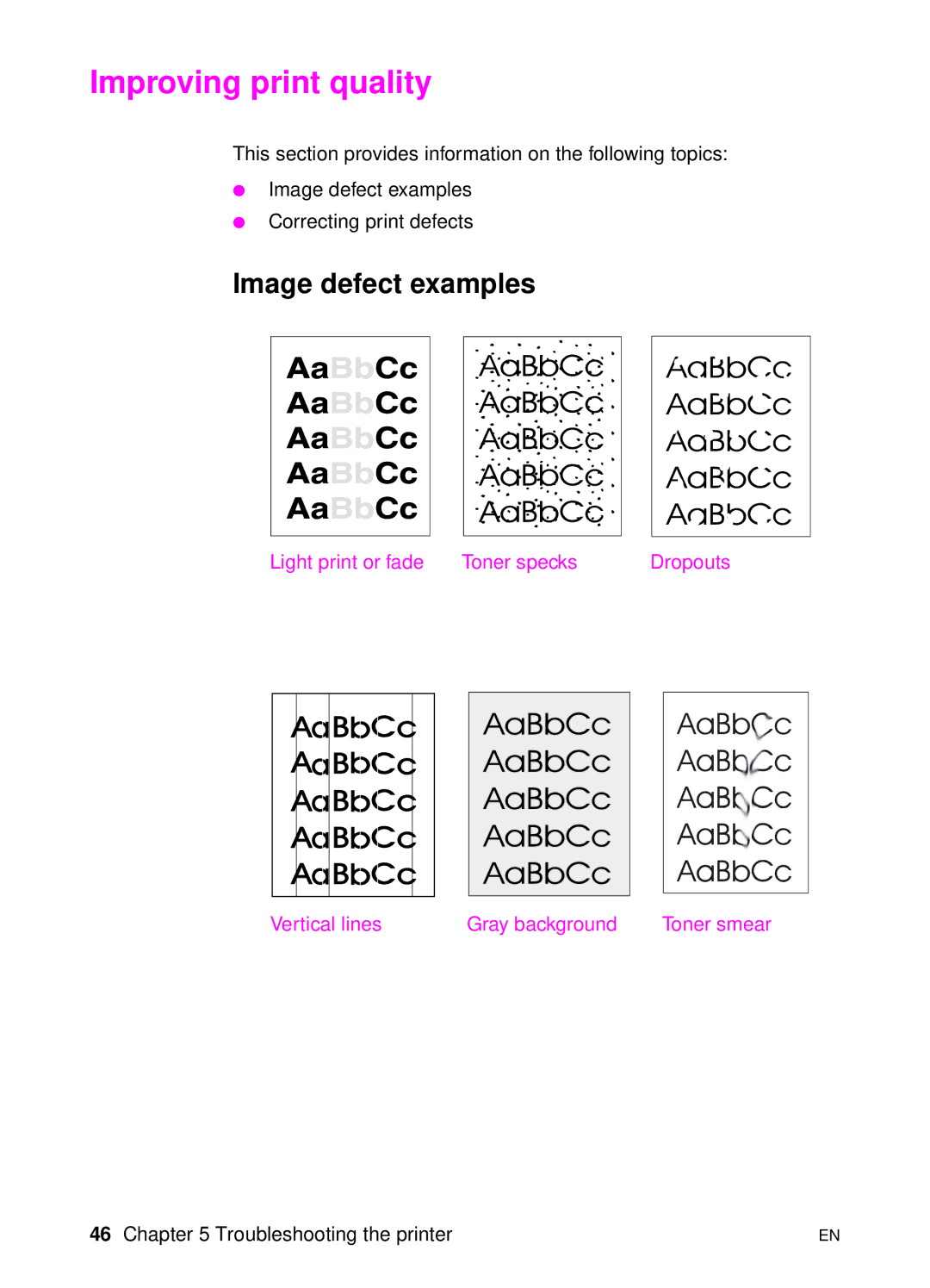 HP 1100 manual Improving print quality, Image defect examples 
