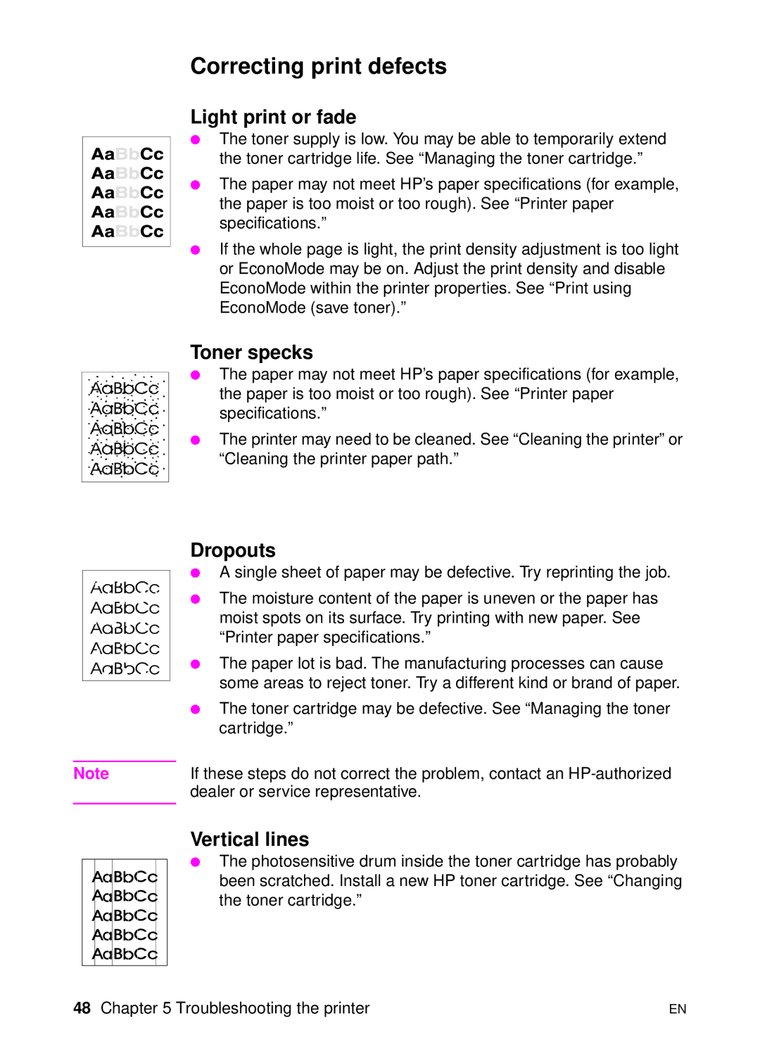 HP 1100 manual Correcting print defects, Light print or fade, Toner specks, Dropouts, Vertical lines 