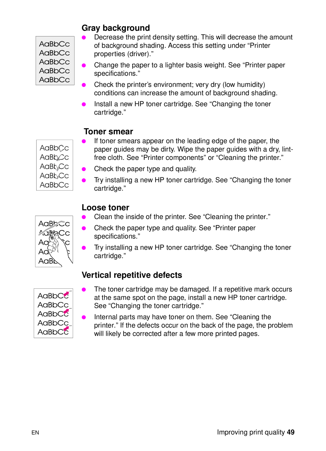 HP 1100 manual Gray background, Toner smear, Loose toner, Vertical repetitive defects 