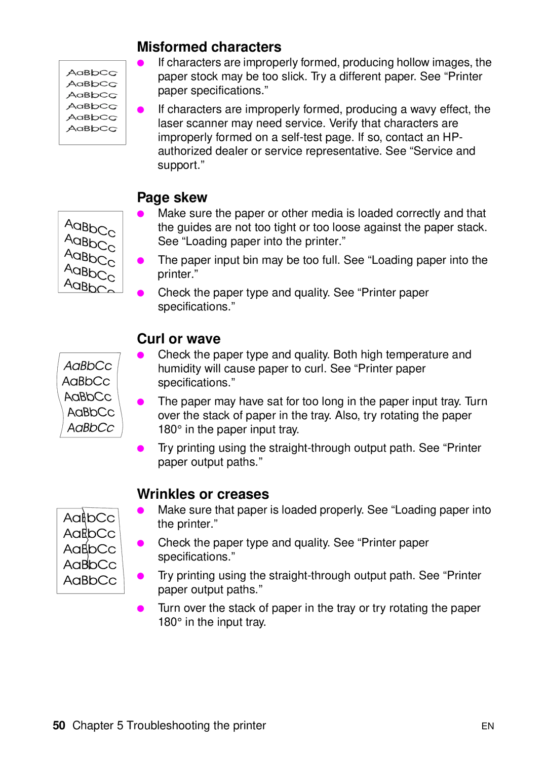 HP 1100 manual Misformed characters, Skew, Curl or wave, Wrinkles or creases 