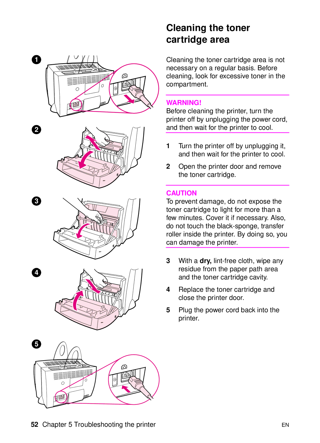 HP 1100 manual Cleaning the toner cartridge area 