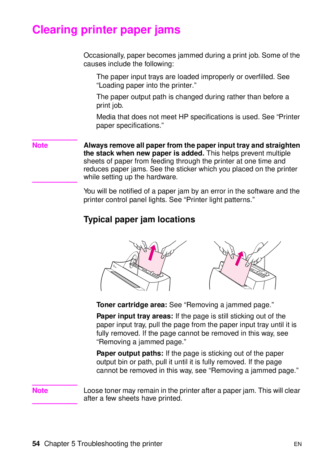 HP 1100 manual Clearing printer paper jams, Typical paper jam locations 