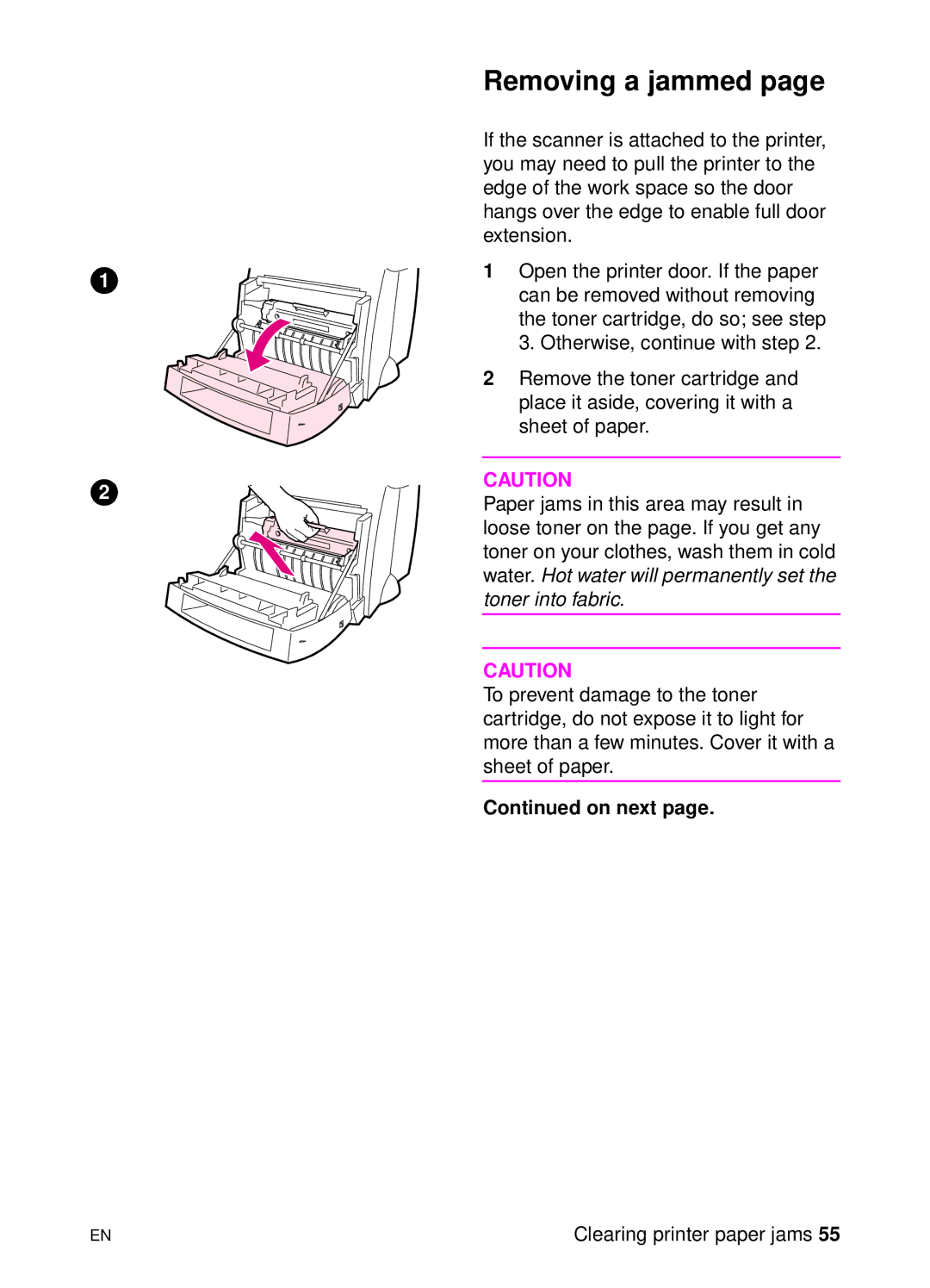 HP 1100 manual Removing a jammed, On next 