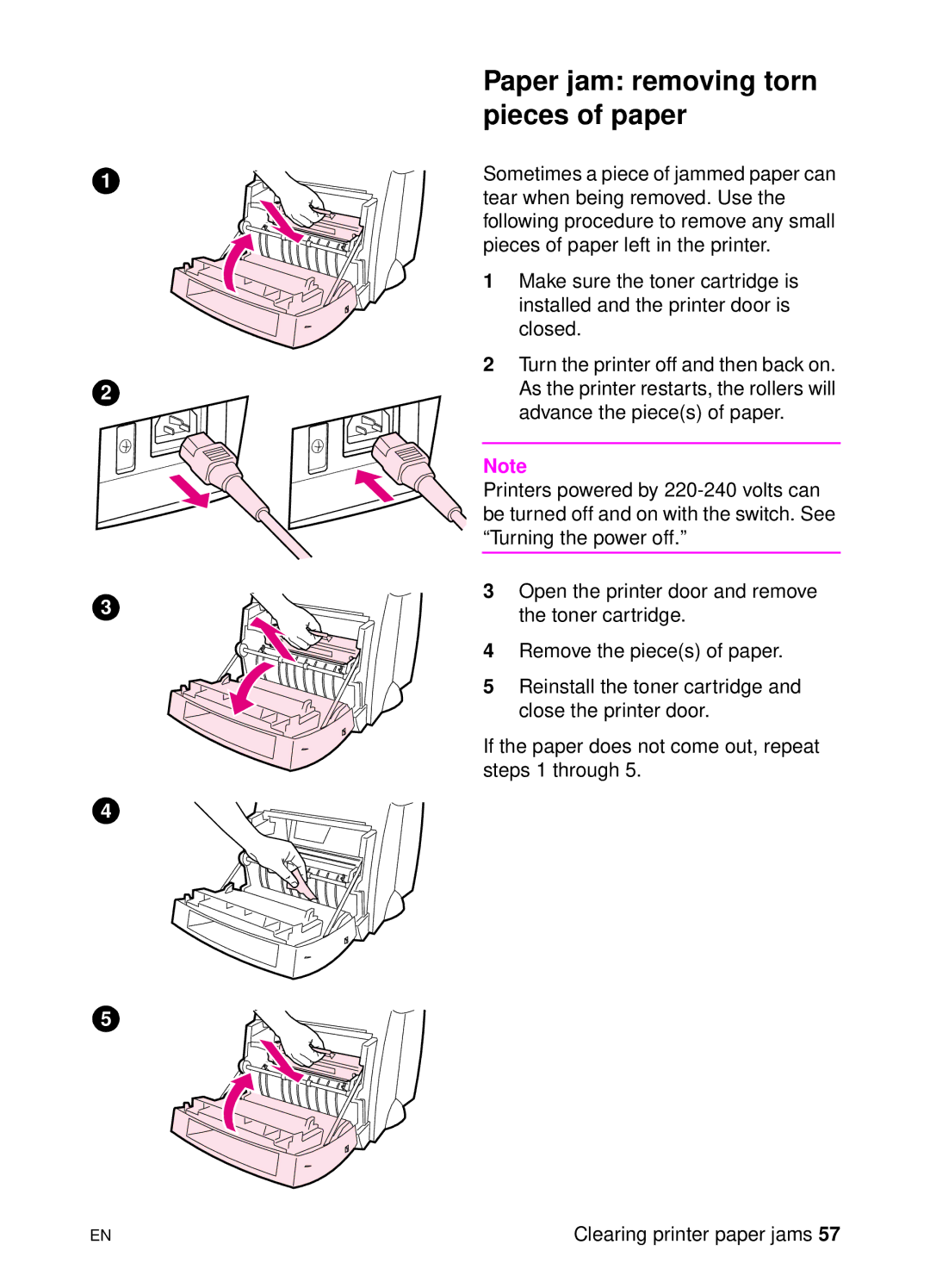 HP 1100 manual Paper jam removing torn pieces of paper 