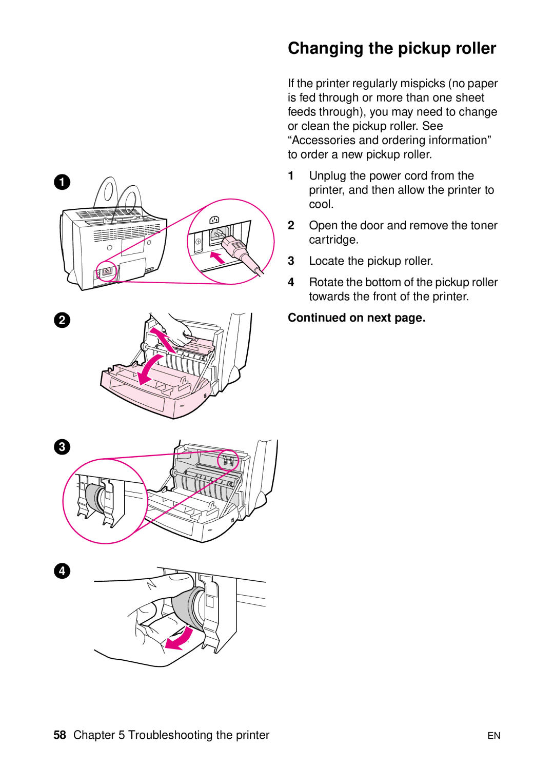 HP 1100 manual Changing the pickup roller, On next 