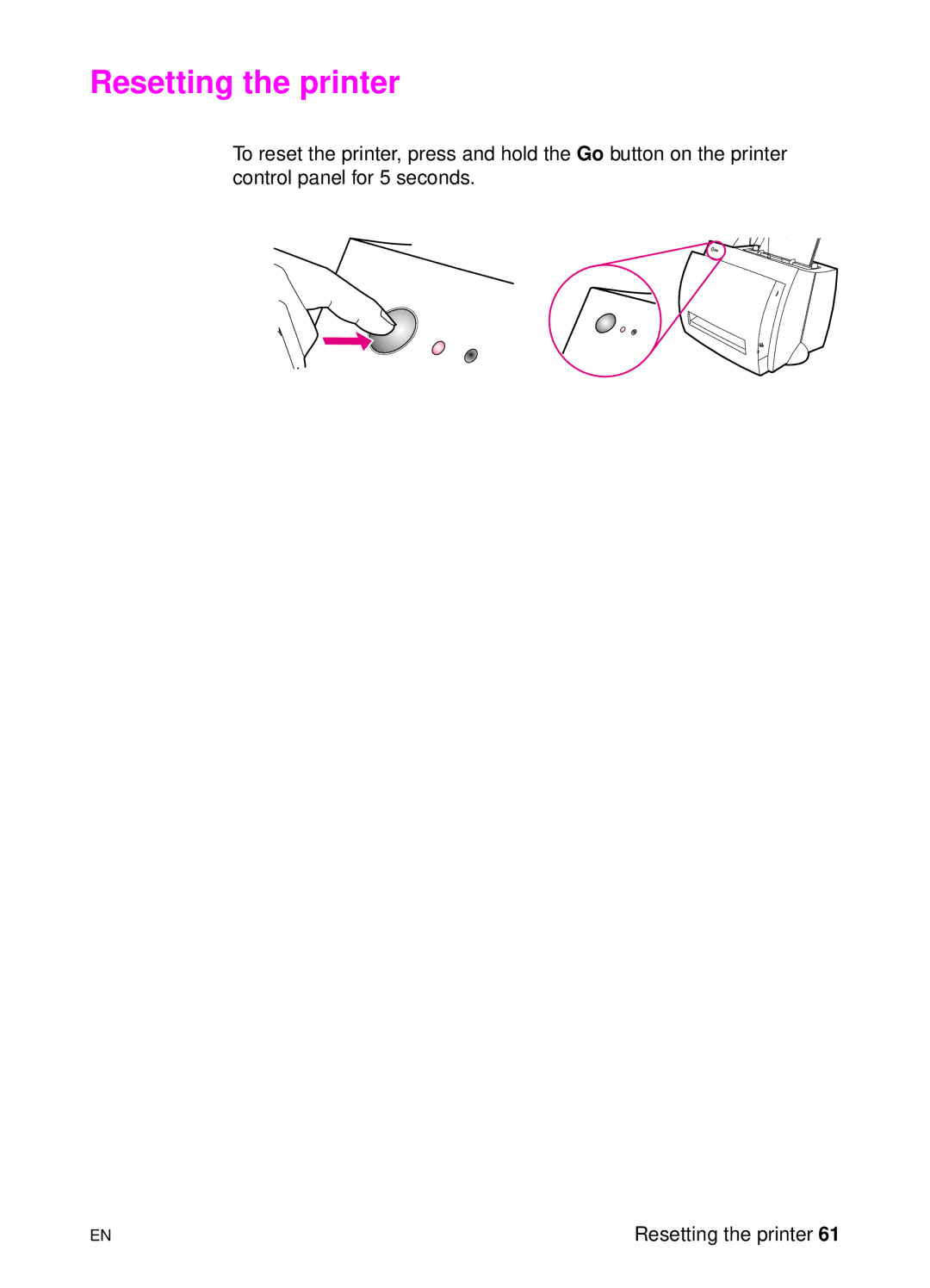 HP 1100 manual Resetting the printer 