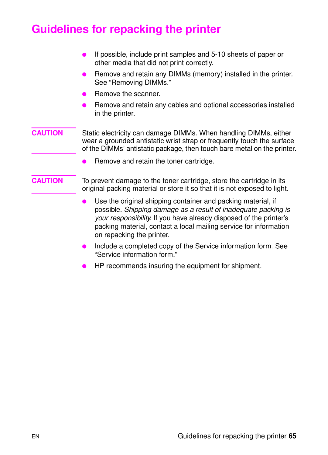 HP 1100 manual Guidelines for repacking the printer 