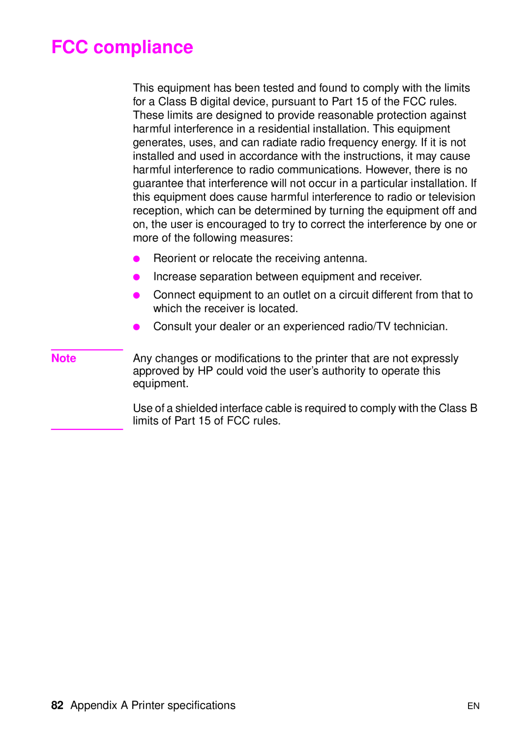 HP 1100 manual FCC compliance 