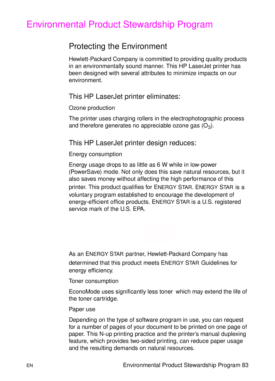 HP 1100 manual Environmental Product Stewardship Program, Protecting the Environment, This HP LaserJet printer eliminates 