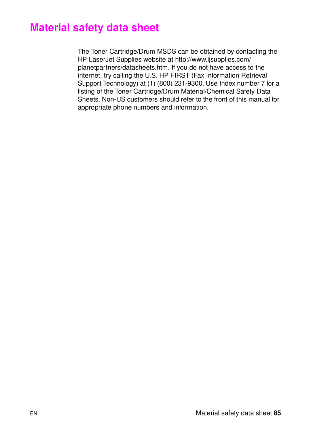 HP 1100 manual Material safety data sheet 