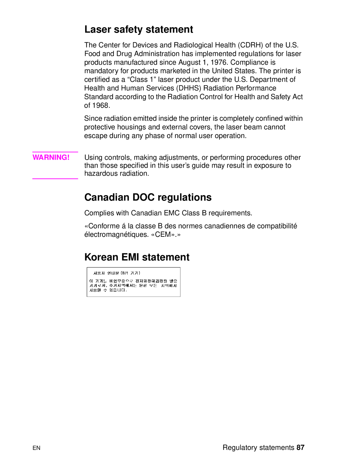 HP 1100 manual Laser safety statement, Canadian DOC regulations, Korean EMI statement 