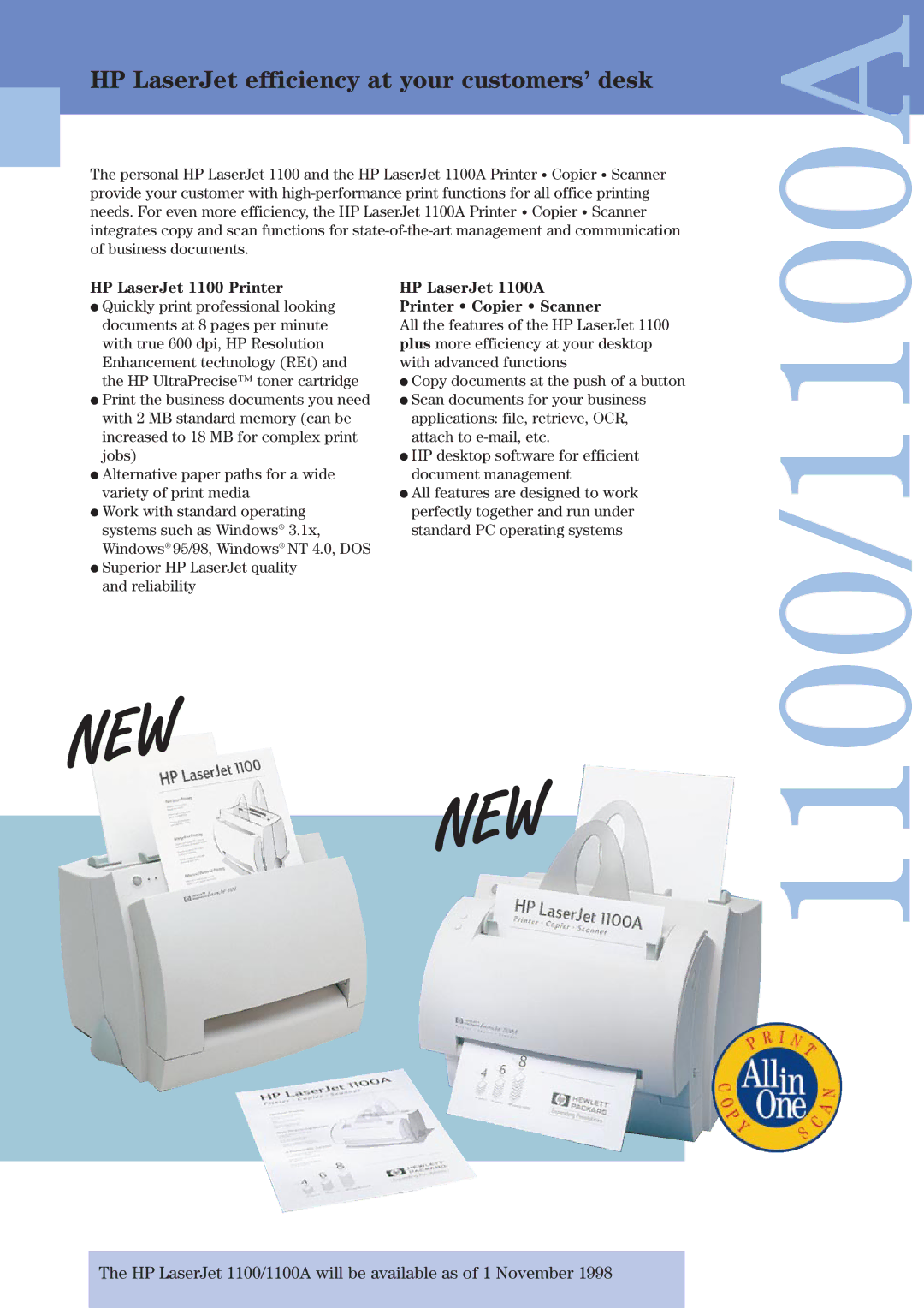 HP manual HP LaserJet efficiency at your customers’ desk, HP LaserJet 1100/1100A will be available as of 1 November 