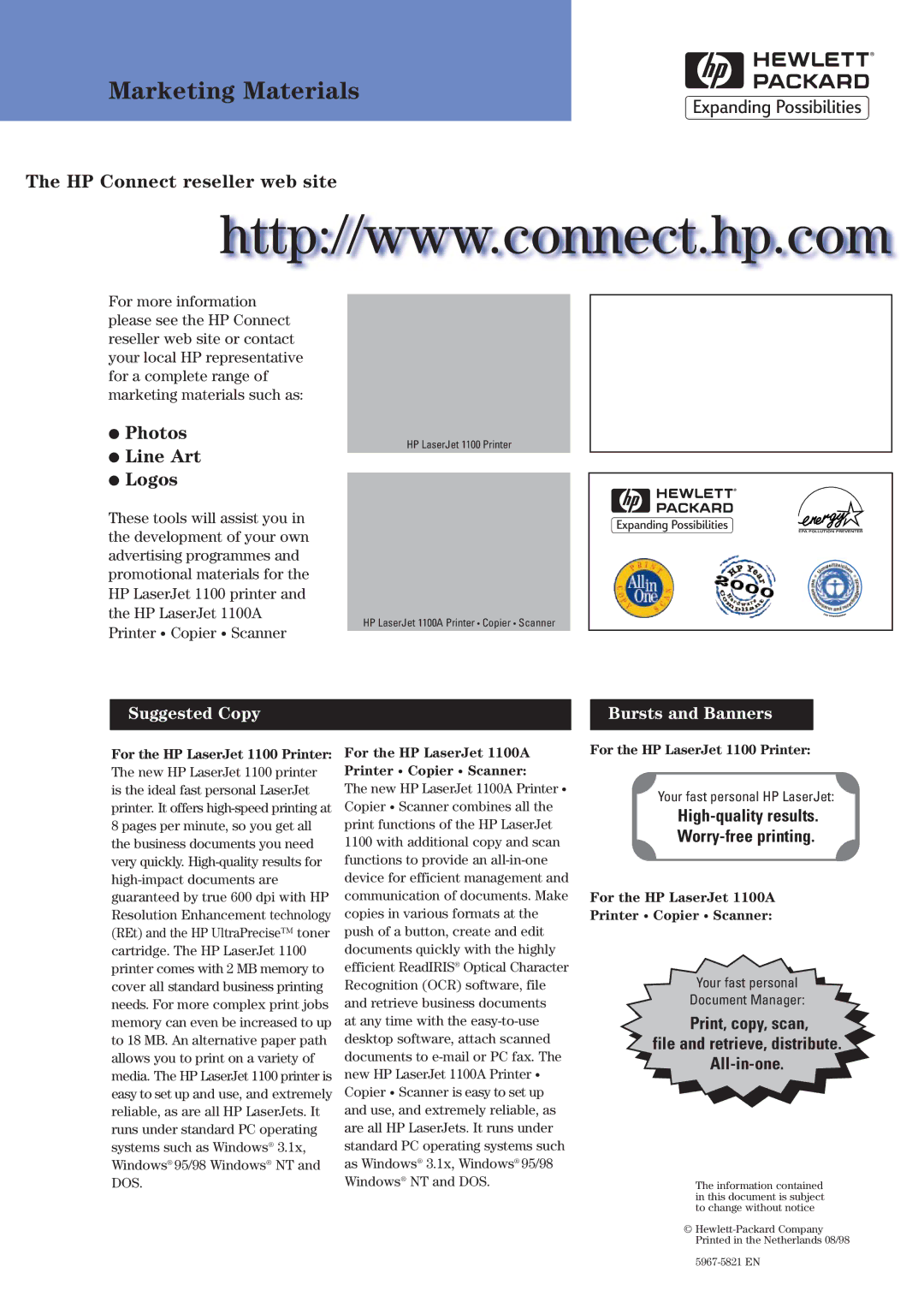 HP 1100A manual Marketing Materials, HP Connect reseller web site 