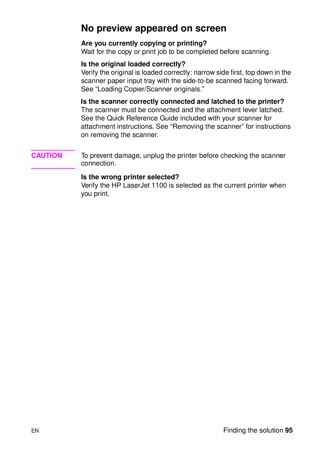HP 1100A manual No preview appeared on screen, Are you currently copying or printing?, Is the original loaded correctly? 