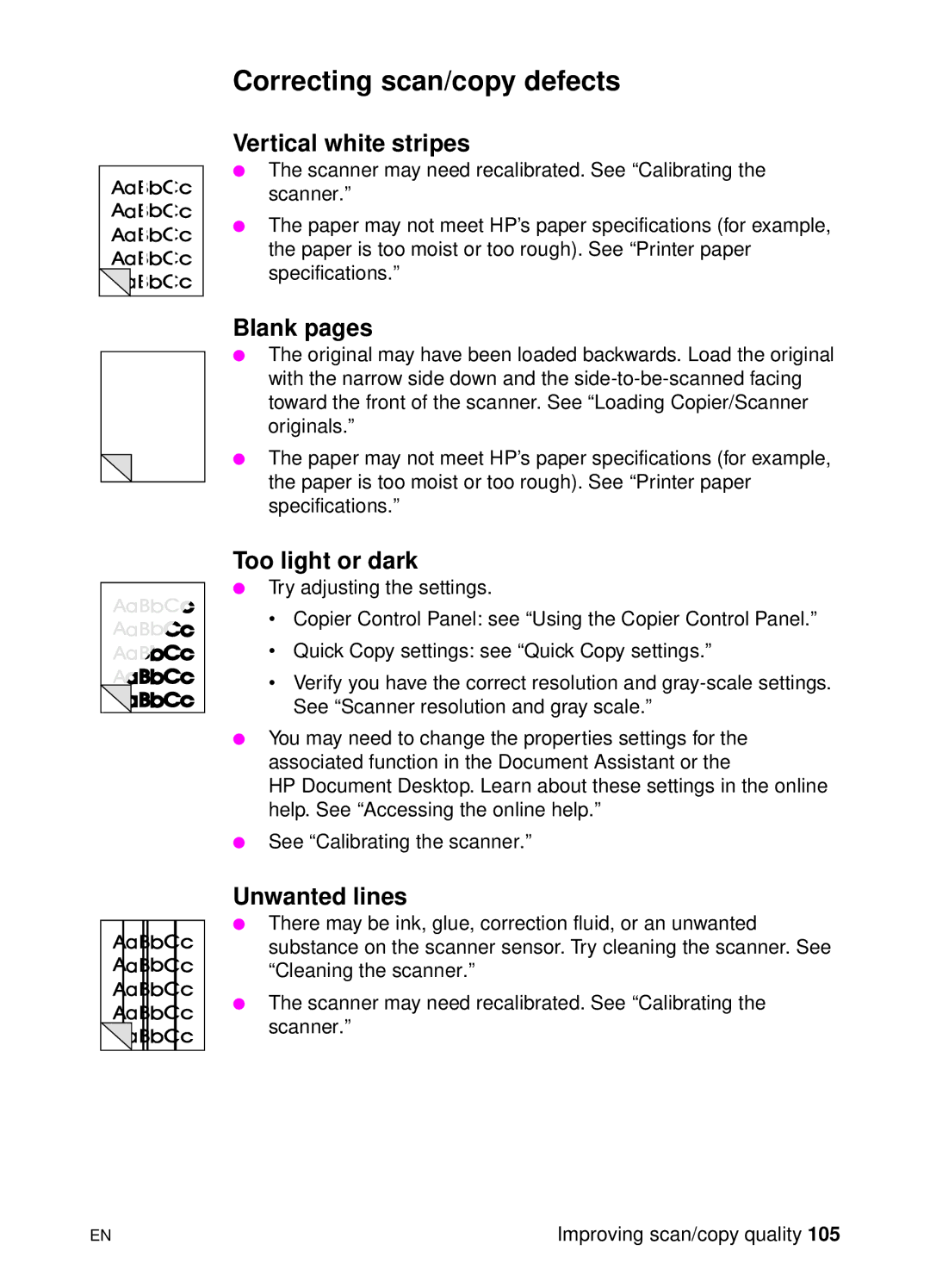 HP 1100A manual Correcting scan/copy defects, Vertical white stripes, Blank pages, Too light or dark, Unwanted lines 