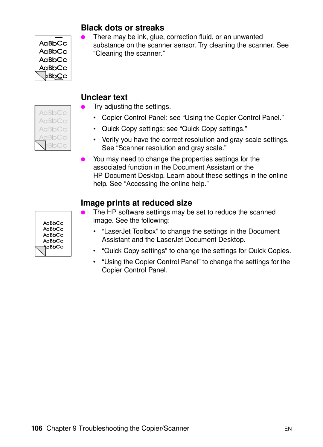 HP 1100A manual Black dots or streaks, Unclear text, Image prints at reduced size 