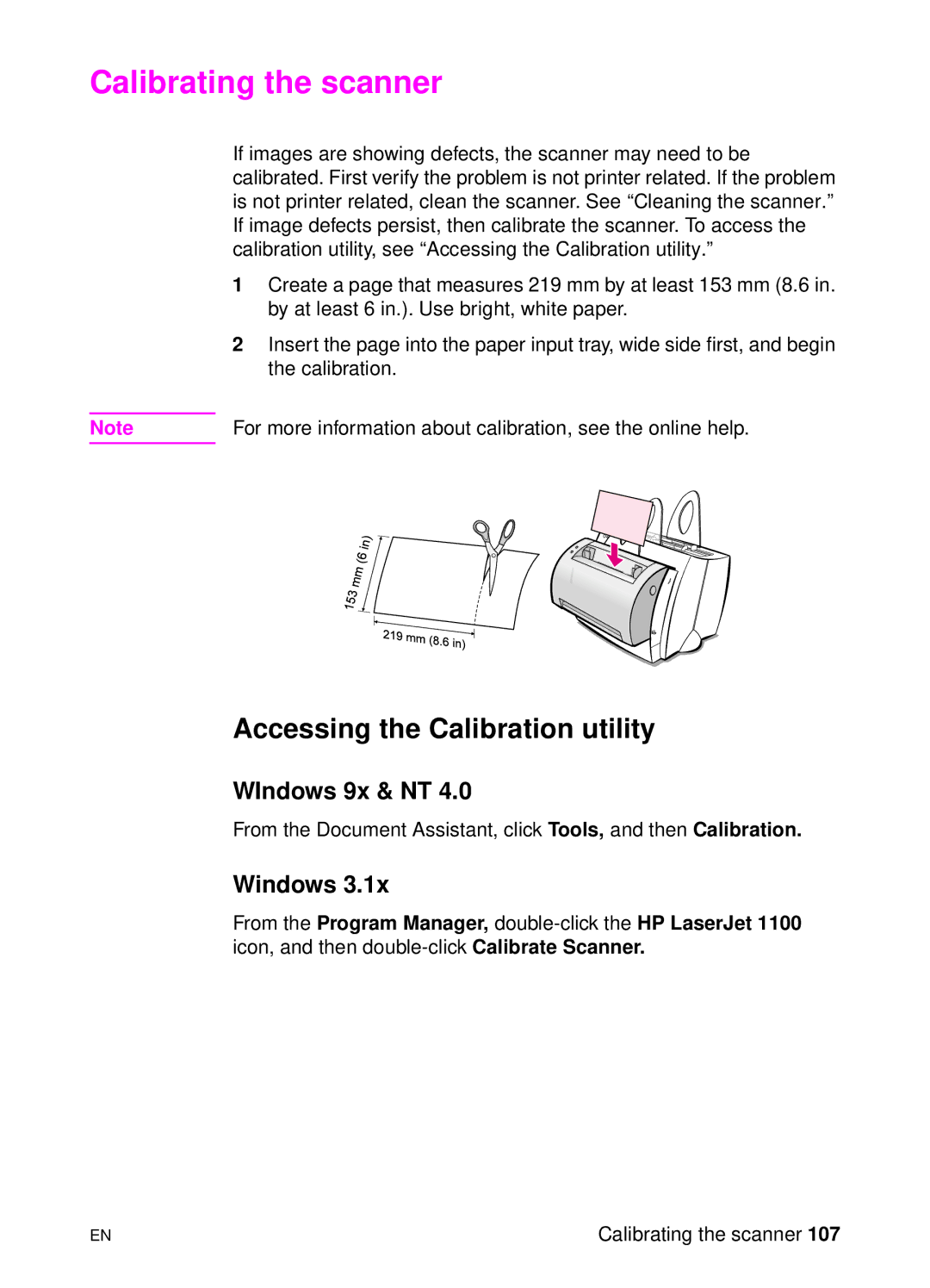 HP 1100A manual Calibrating the scanner, Accessing the Calibration utility 