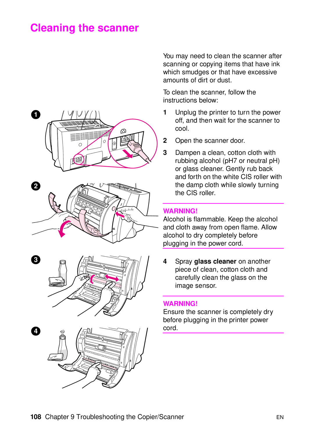 HP 1100A manual Cleaning the scanner 