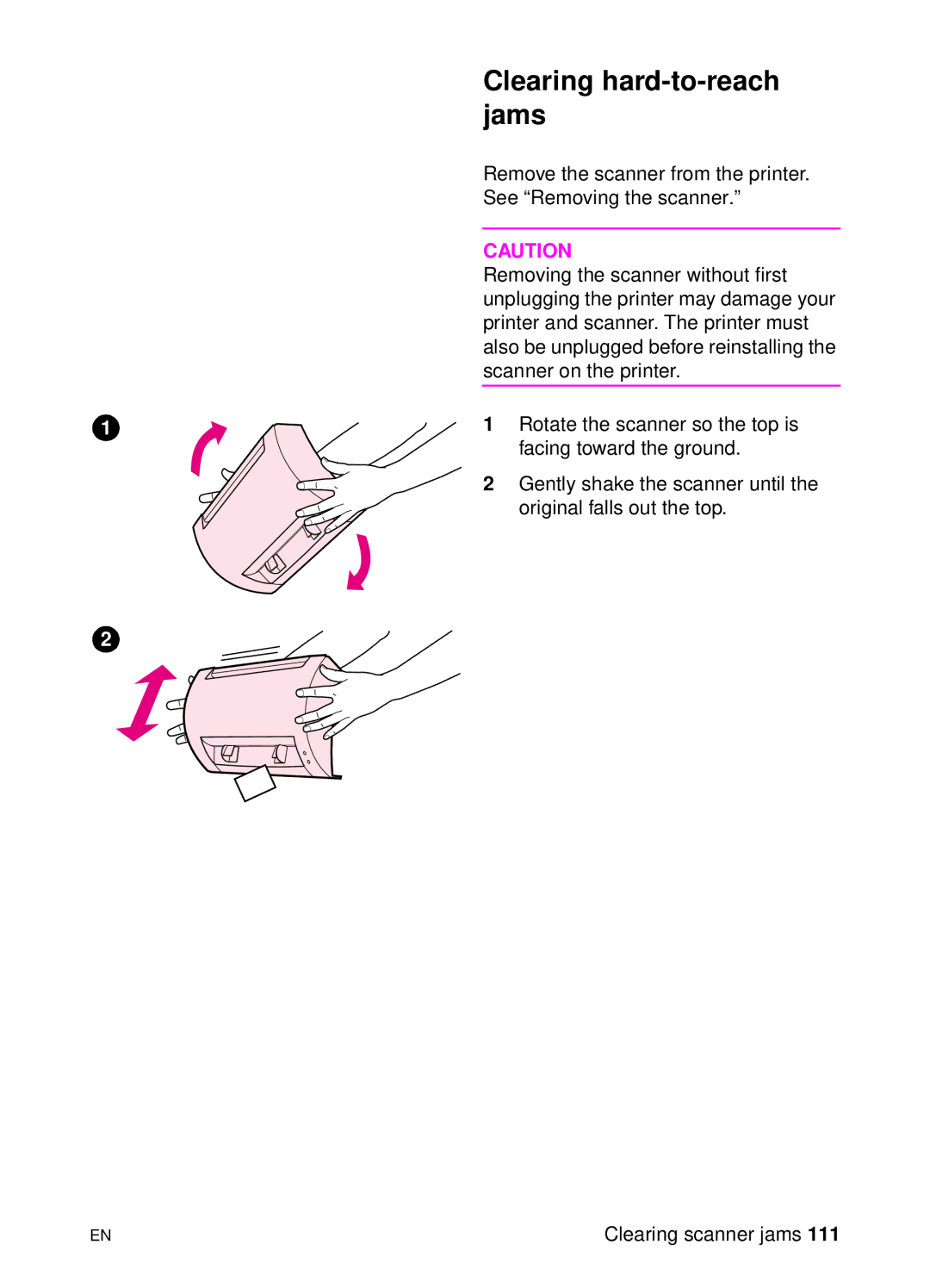 HP 1100A manual Clearing hard-to-reach jams 