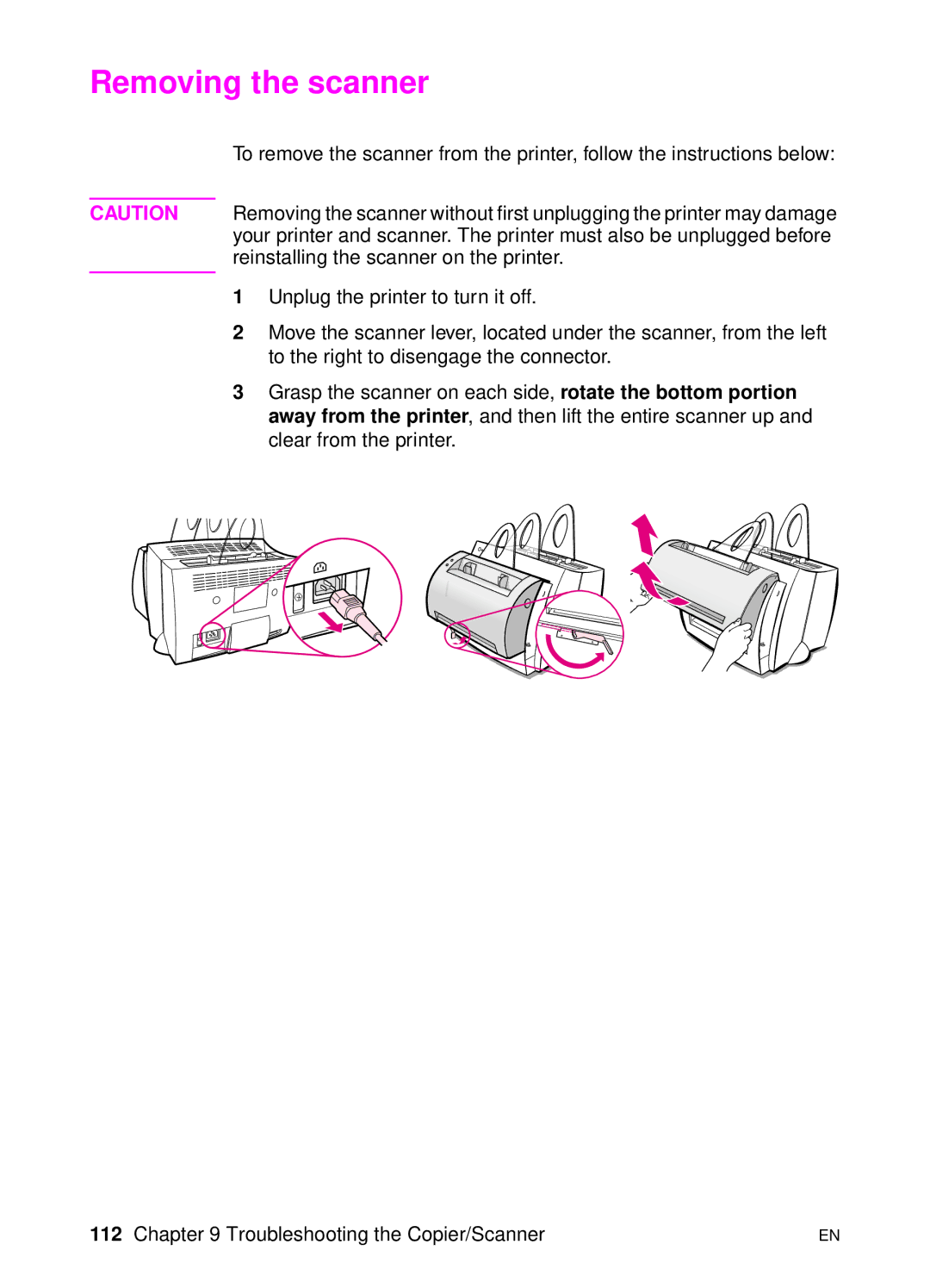 HP 1100A manual Removing the scanner 