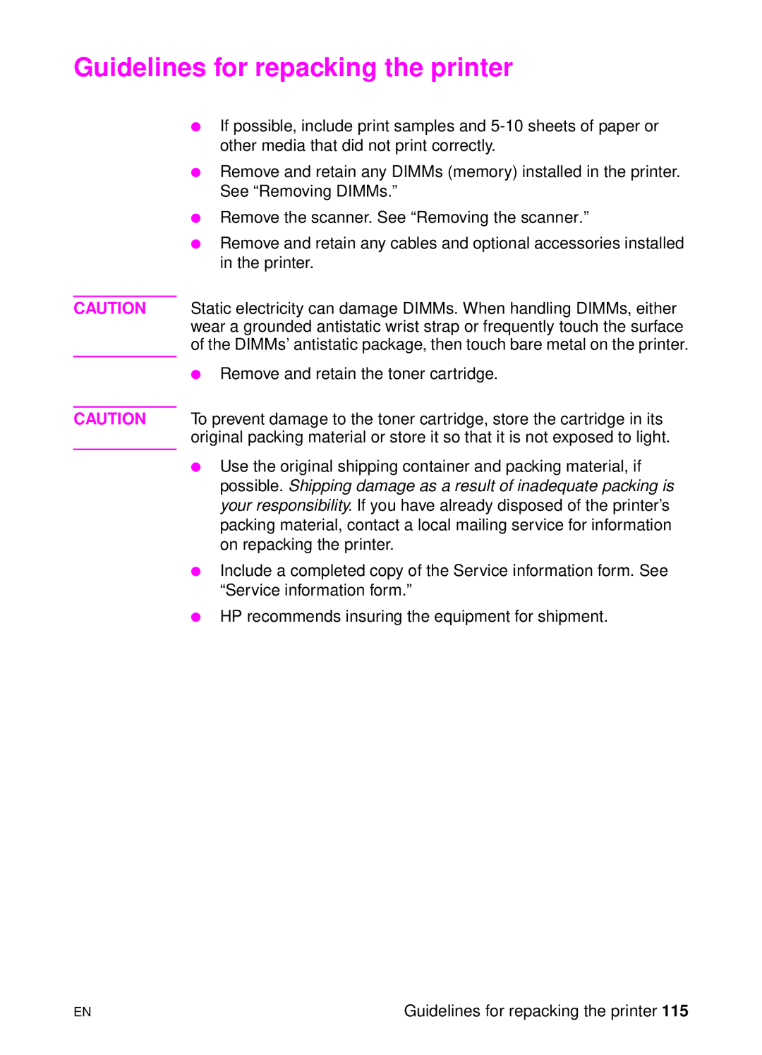 HP 1100A manual Guidelines for repacking the printer 