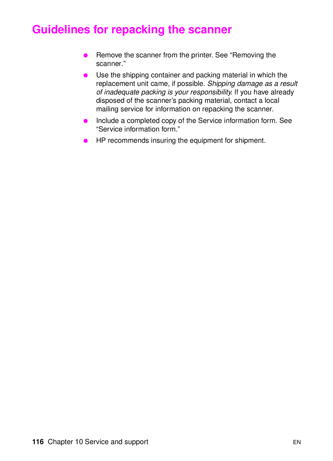 HP 1100A manual Guidelines for repacking the scanner 