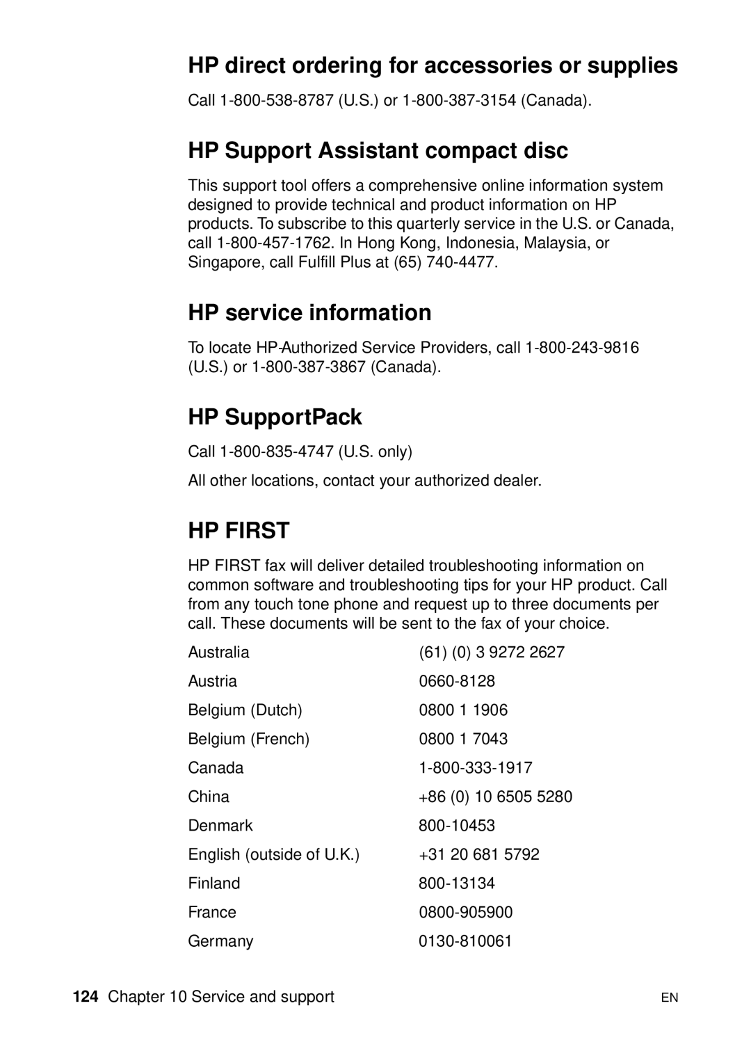 HP 1100A manual HP direct ordering for accessories or supplies, HP Support Assistant compact disc, HP service information 