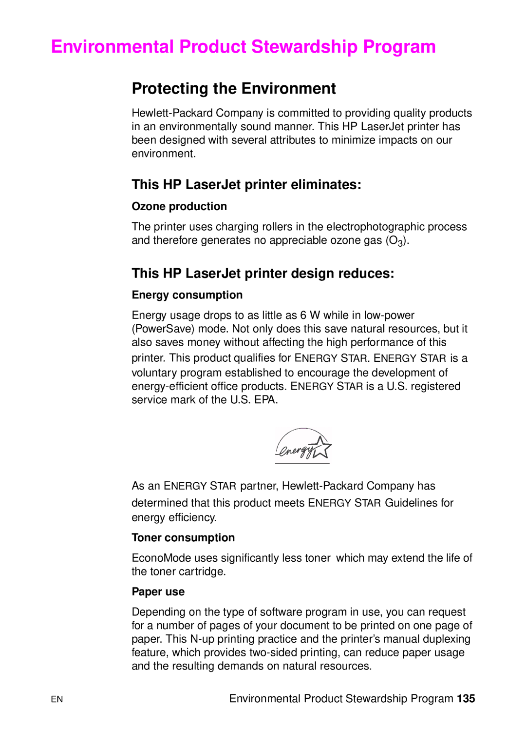 HP 1100A manual Environmental Product Stewardship Program, Protecting the Environment, This HP LaserJet printer eliminates 