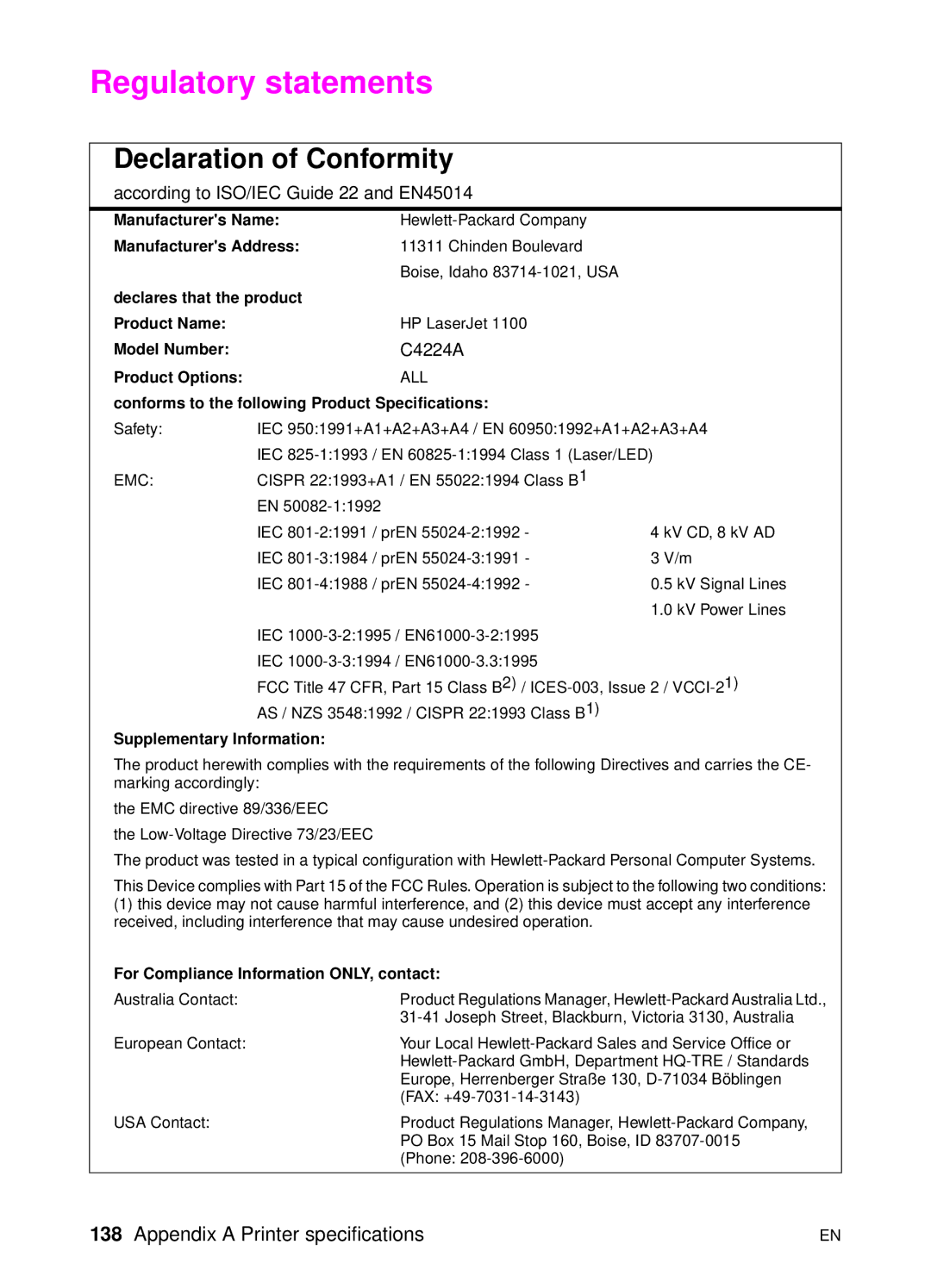 HP 1100A manual Regulatory statements, Declaration of Conformity 