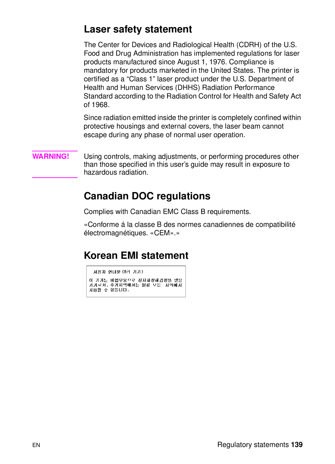 HP 1100A manual Laser safety statement, Canadian DOC regulations, Korean EMI statement 