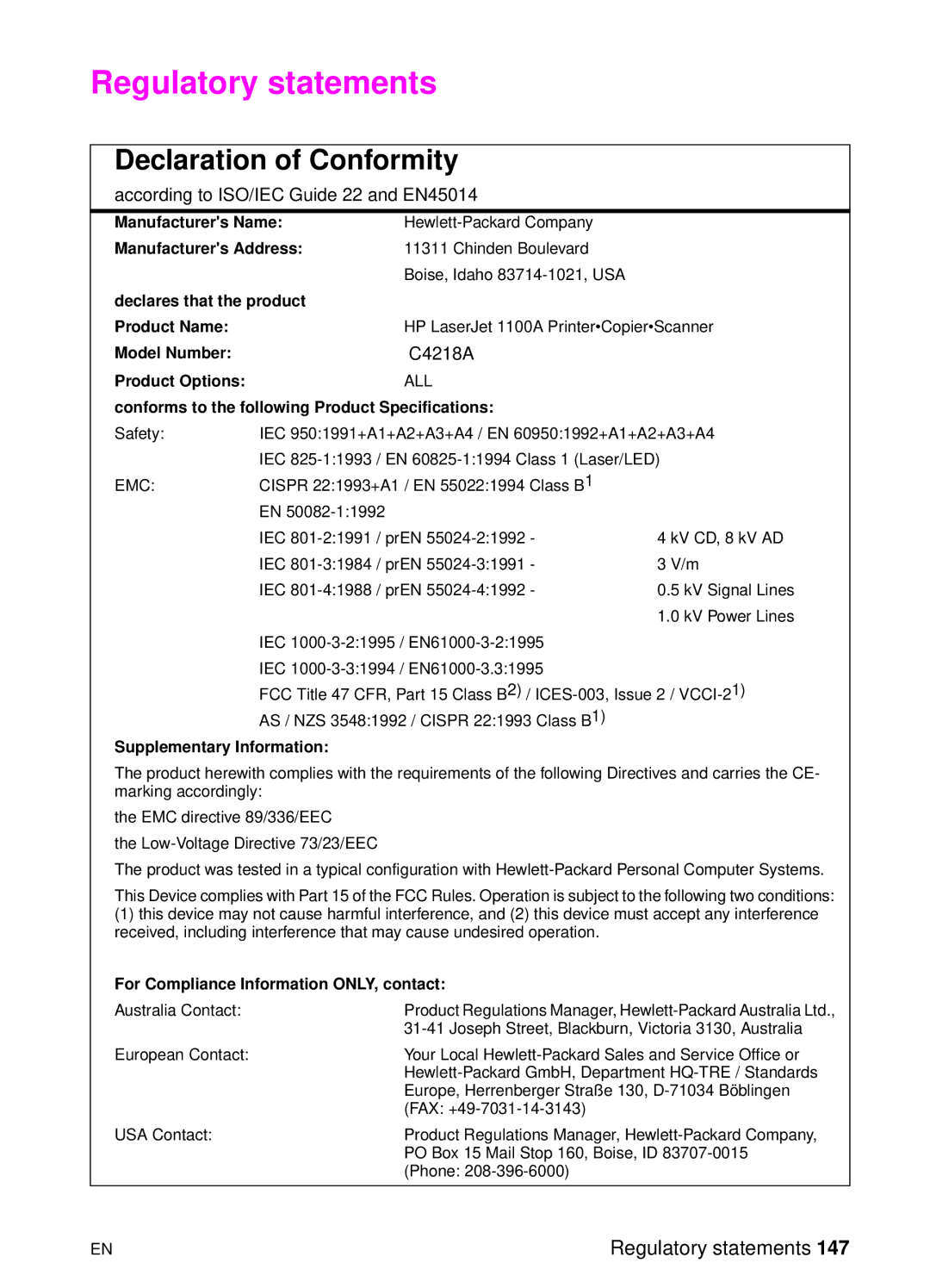 HP 1100A manual Regulatory statements 