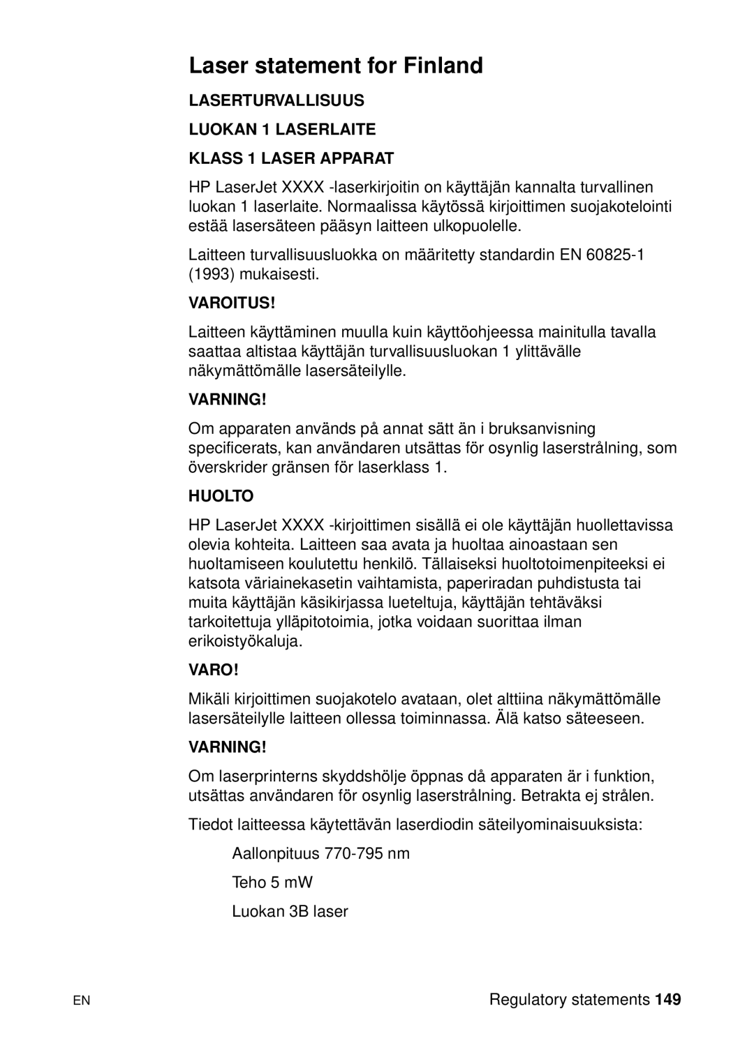 HP 1100A manual Laser statement for Finland 