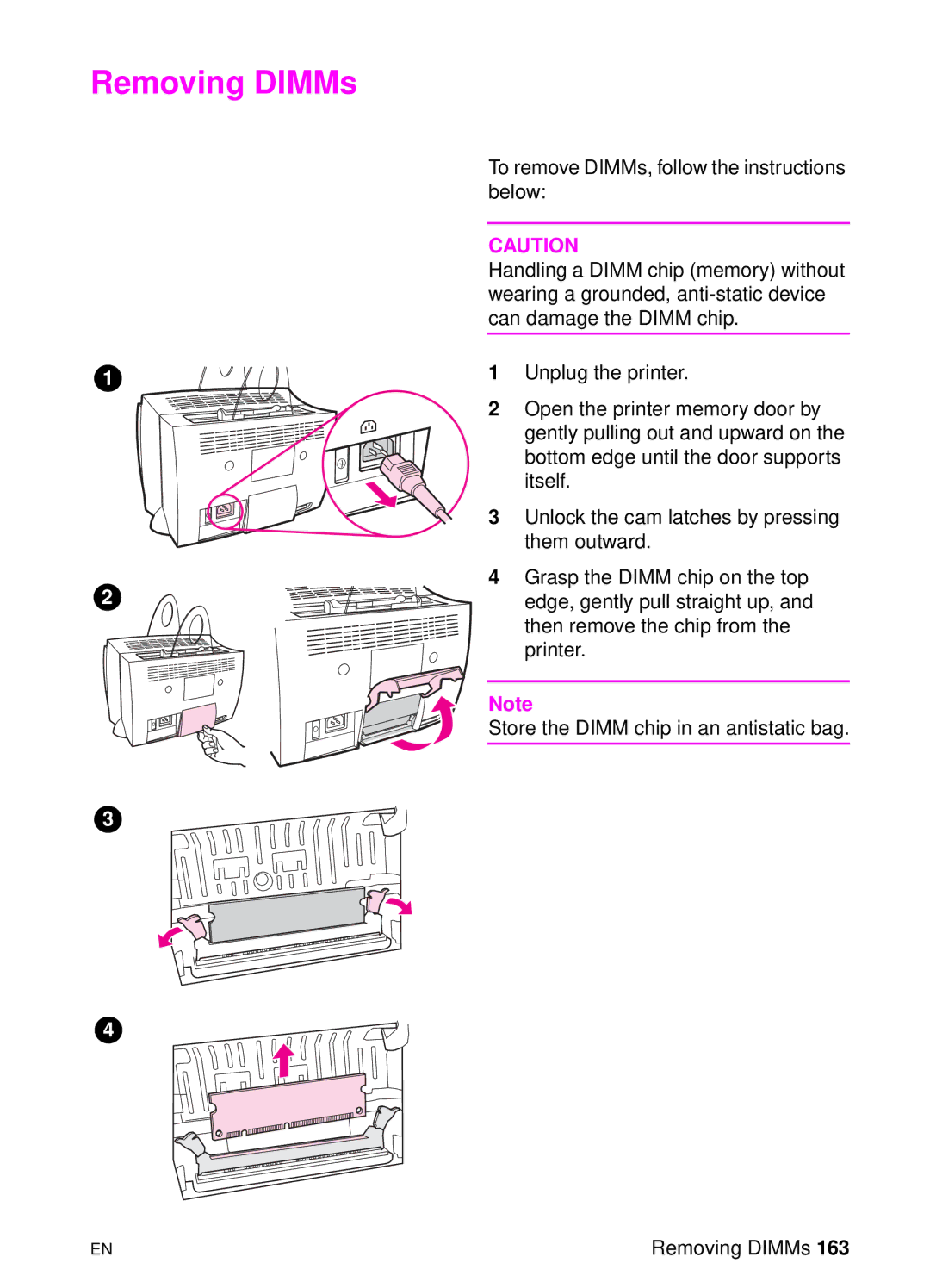 HP 1100A manual Removing DIMMs 