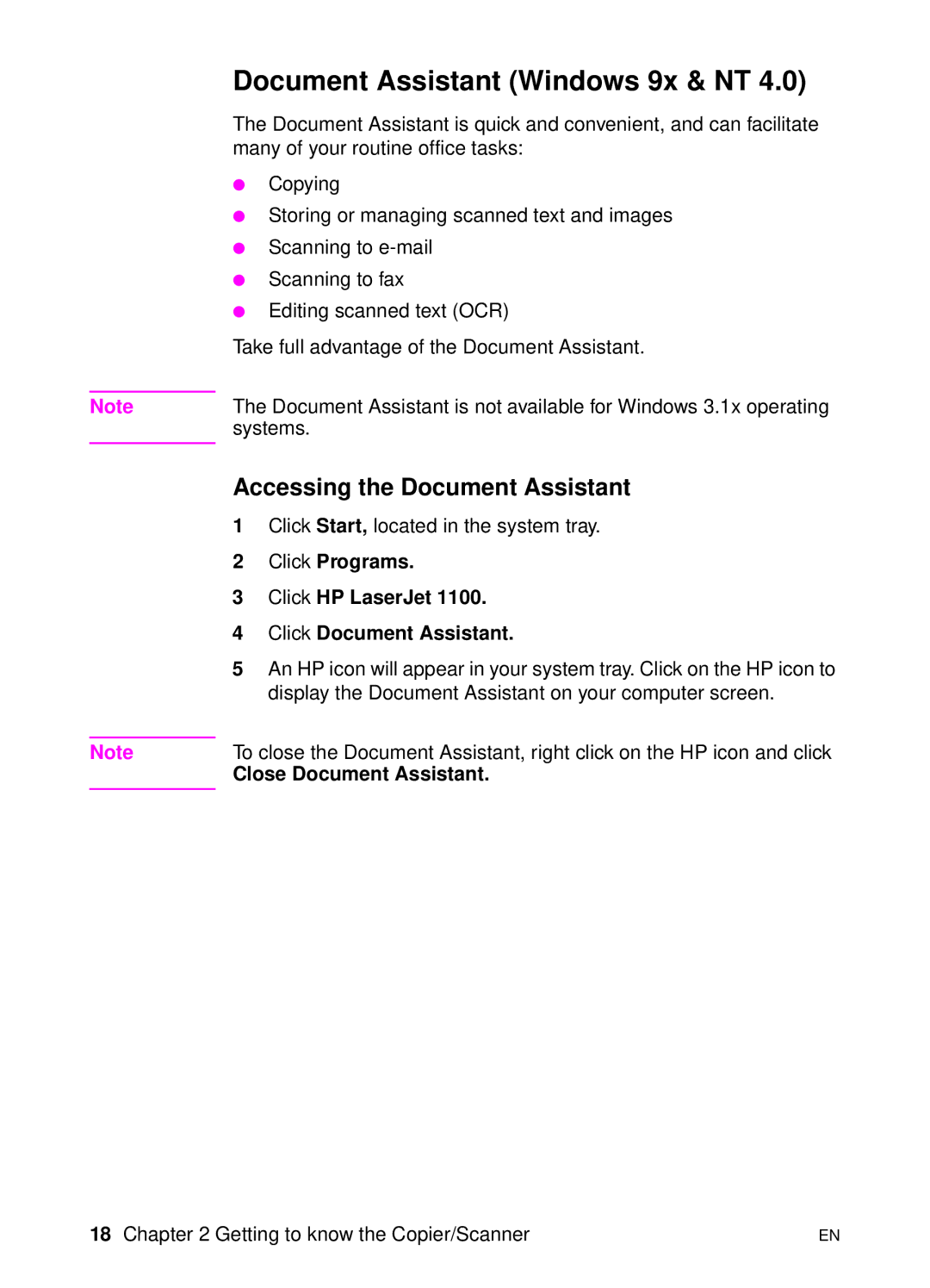 HP 1100A manual Document Assistant Windows 9x & NT, Accessing the Document Assistant, Close Document Assistant 