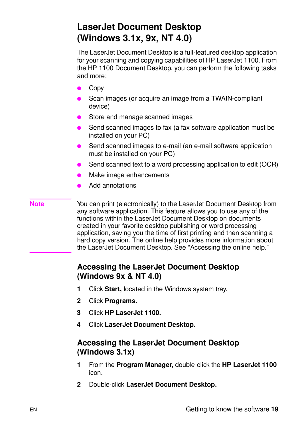 HP 1100A manual LaserJet Document Desktop Windows 3.1x, 9x, NT, Accessing the LaserJet Document Desktop Windows 9x & NT 