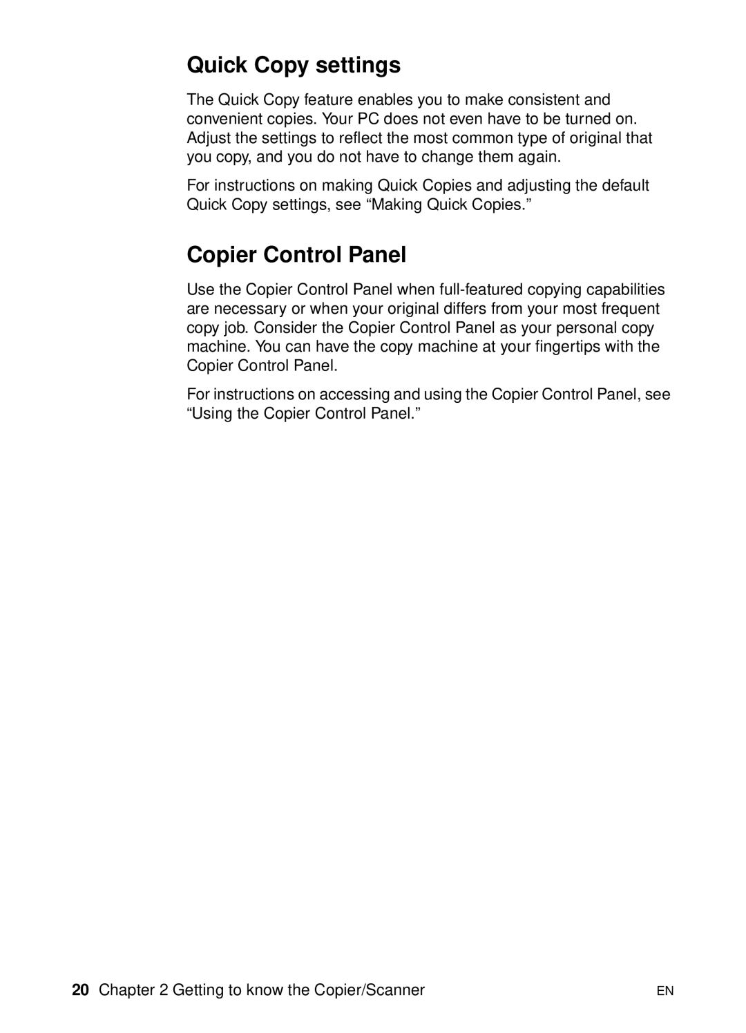 HP 1100A manual Quick Copy settings, Copier Control Panel 