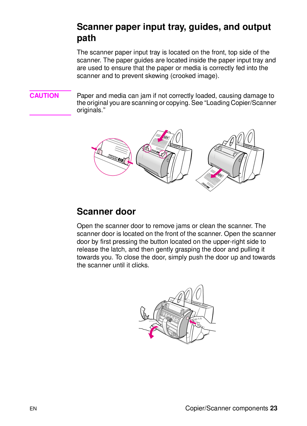 HP 1100A manual Scanner paper input tray, guides, and output path, Scanner door 