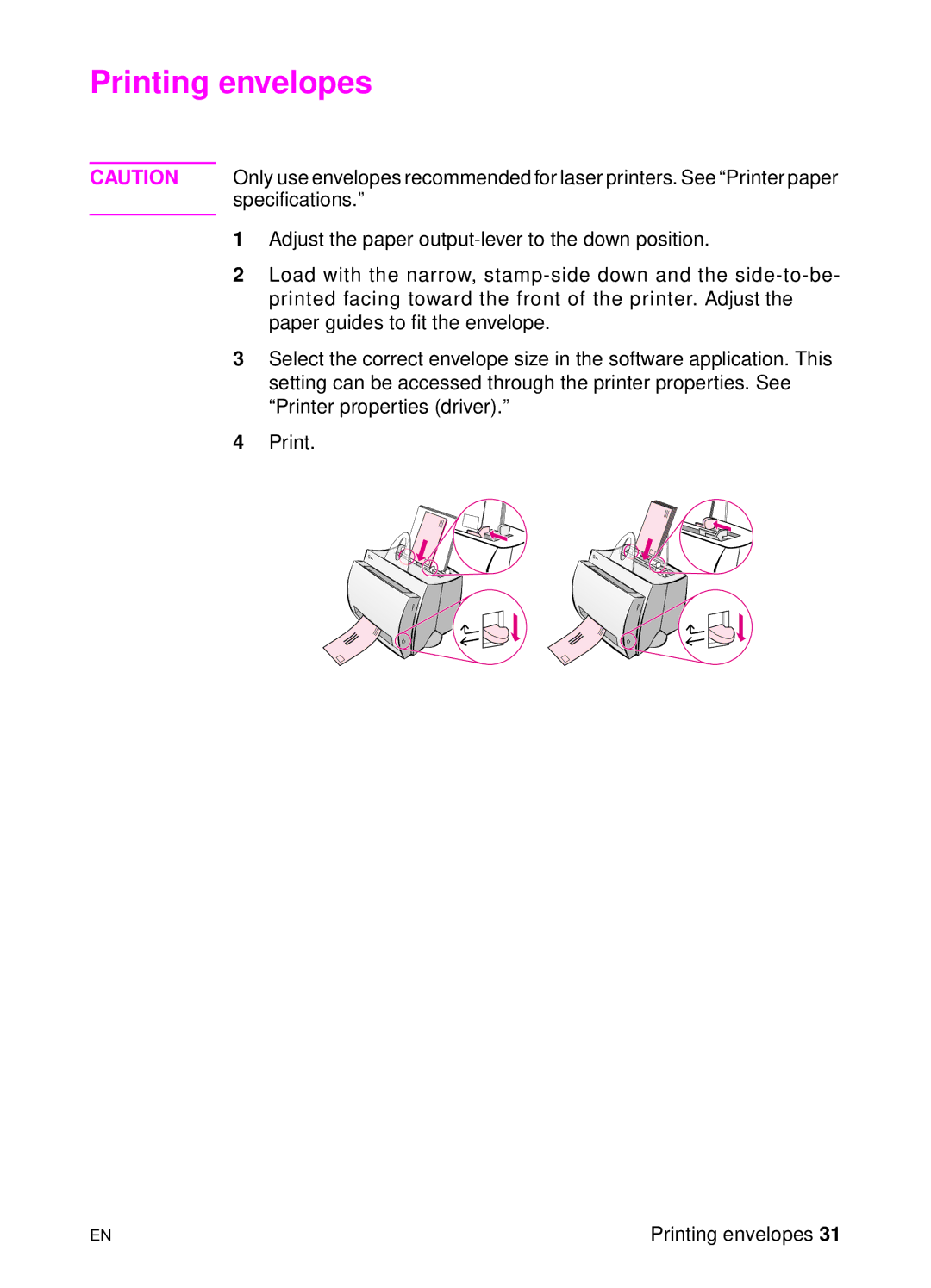 HP 1100A manual Printing envelopes 