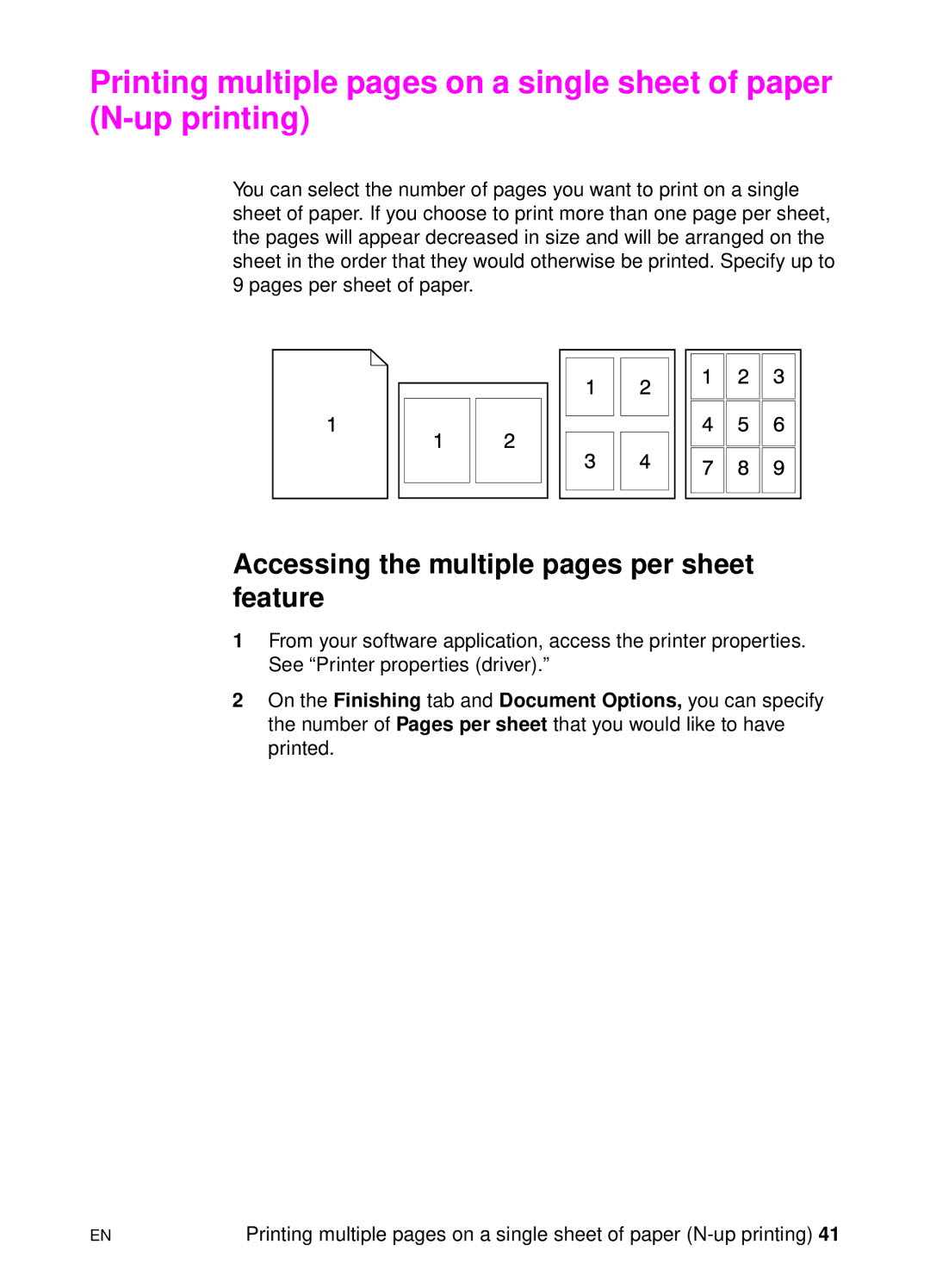 HP 1100A manual Accessing the multiple pages per sheet feature 