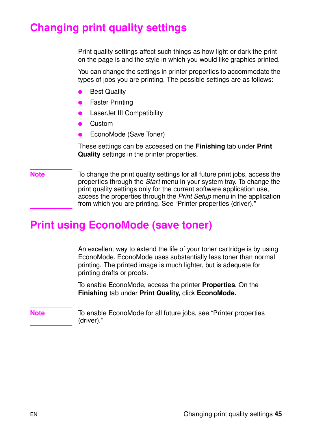 HP 1100A manual Changing print quality settings, Print using EconoMode save toner 