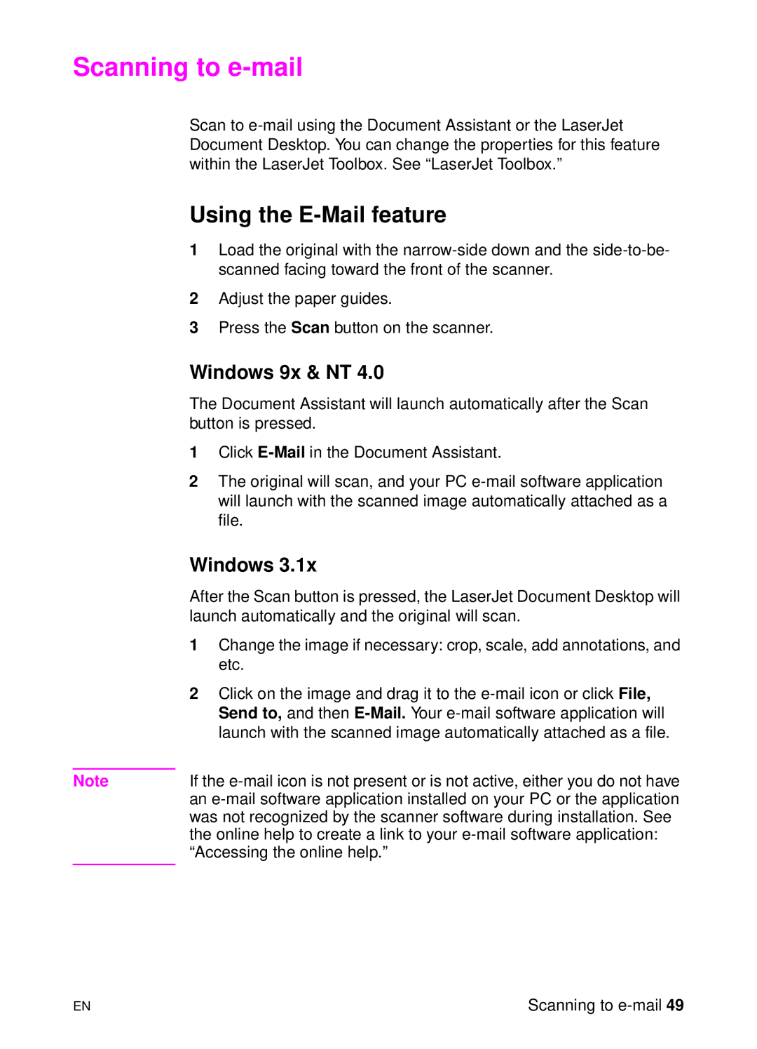 HP 1100A manual Scanning to e-mail, Using the E-Mail feature 